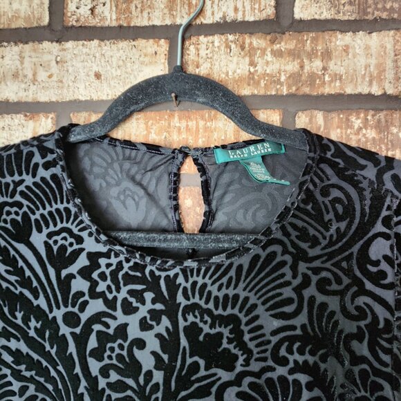 Lauren Ralph Lauren Black Velvet Burnout Long Sleeve Peplum Waist Top Size XL - Picture 2 of 4